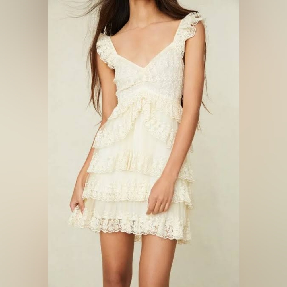 Loveshackfancy Federica Cream Lace Tiered Mini Dress
